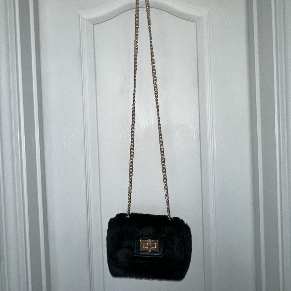 Black Fur Crossbody Bag with Chain Strap